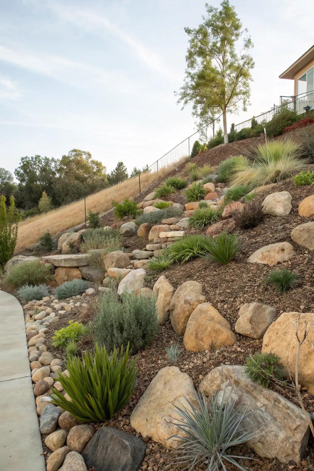 A rock garden offers beauty and stability to a sloped landscape.