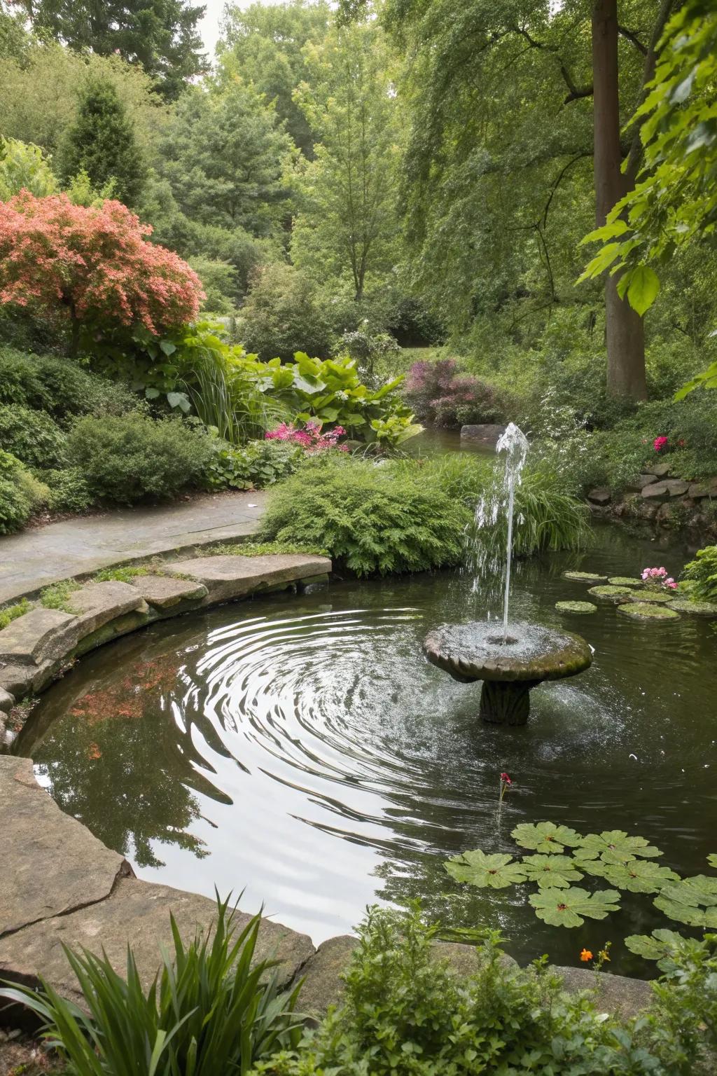A serene water feature enhances this garden's tranquility.