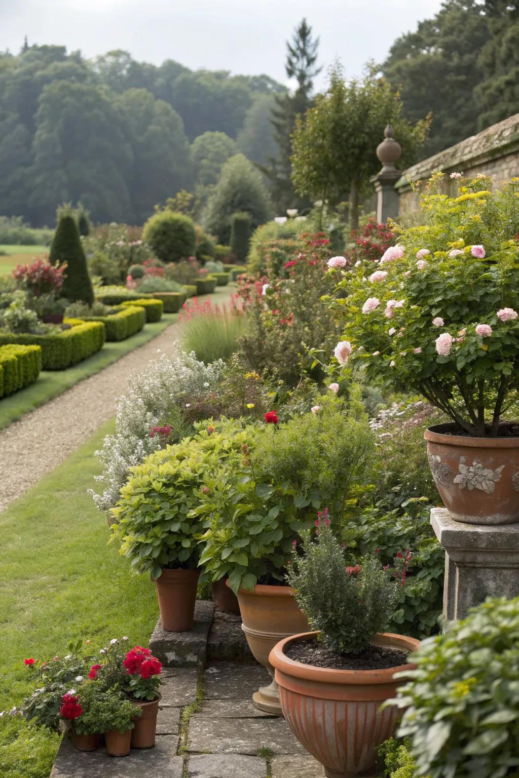 Potted plants bring vibrant color and structure to this garden.