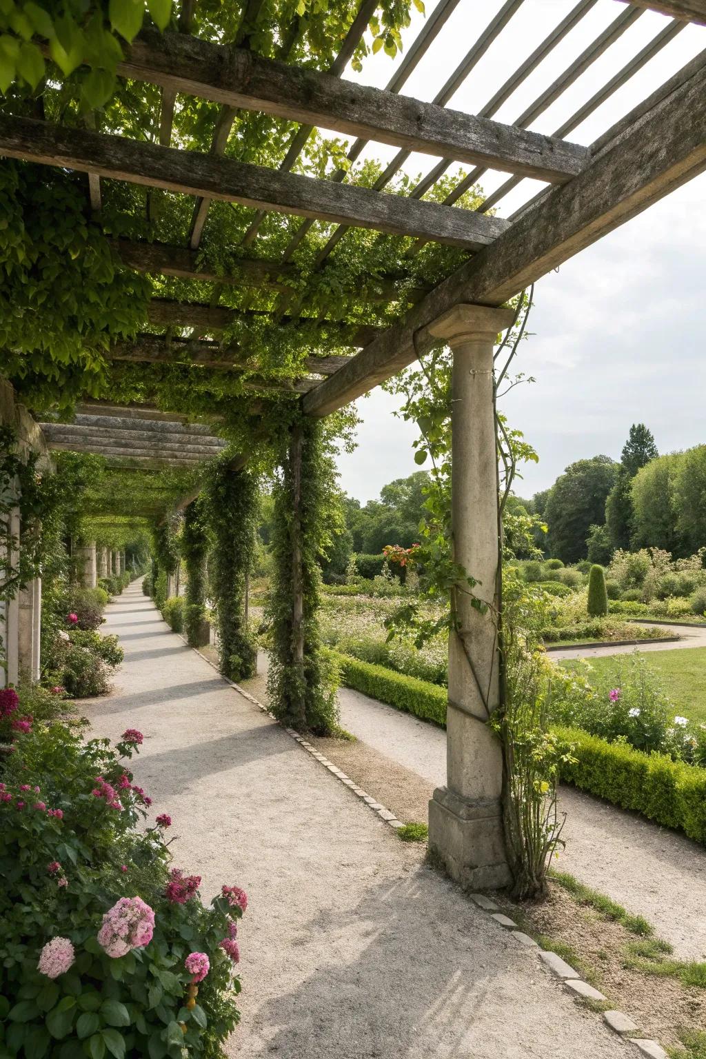 An elegant pergola provides both beauty and shade to the garden.