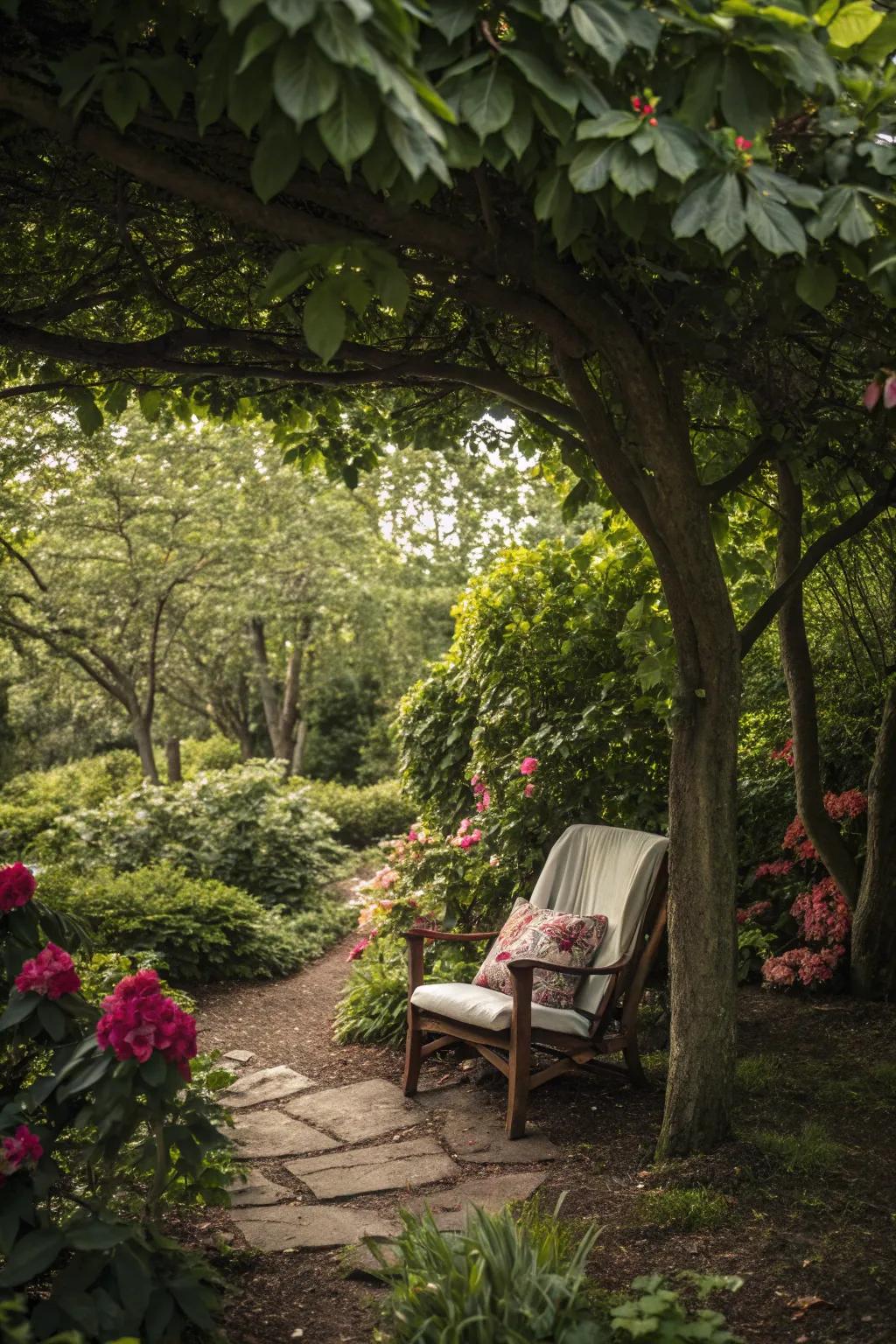 A hidden nook provides a secluded escape in the garden.