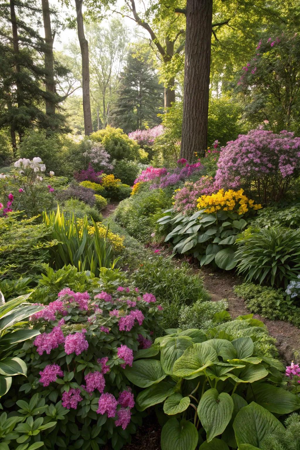 Lush greenery creates a vibrant and inviting garden.