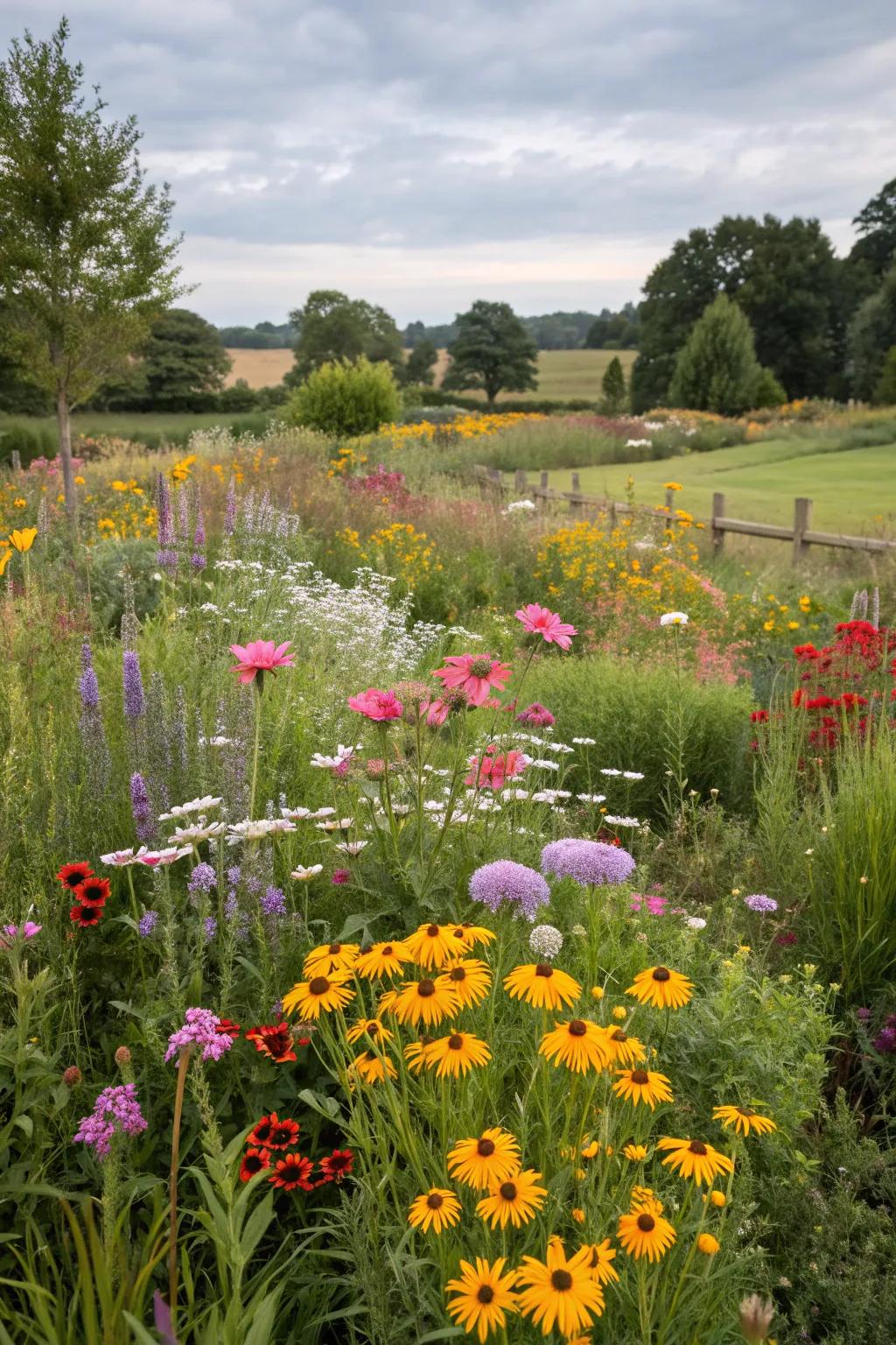 A wildflower meadow adds color and supports wildlife.