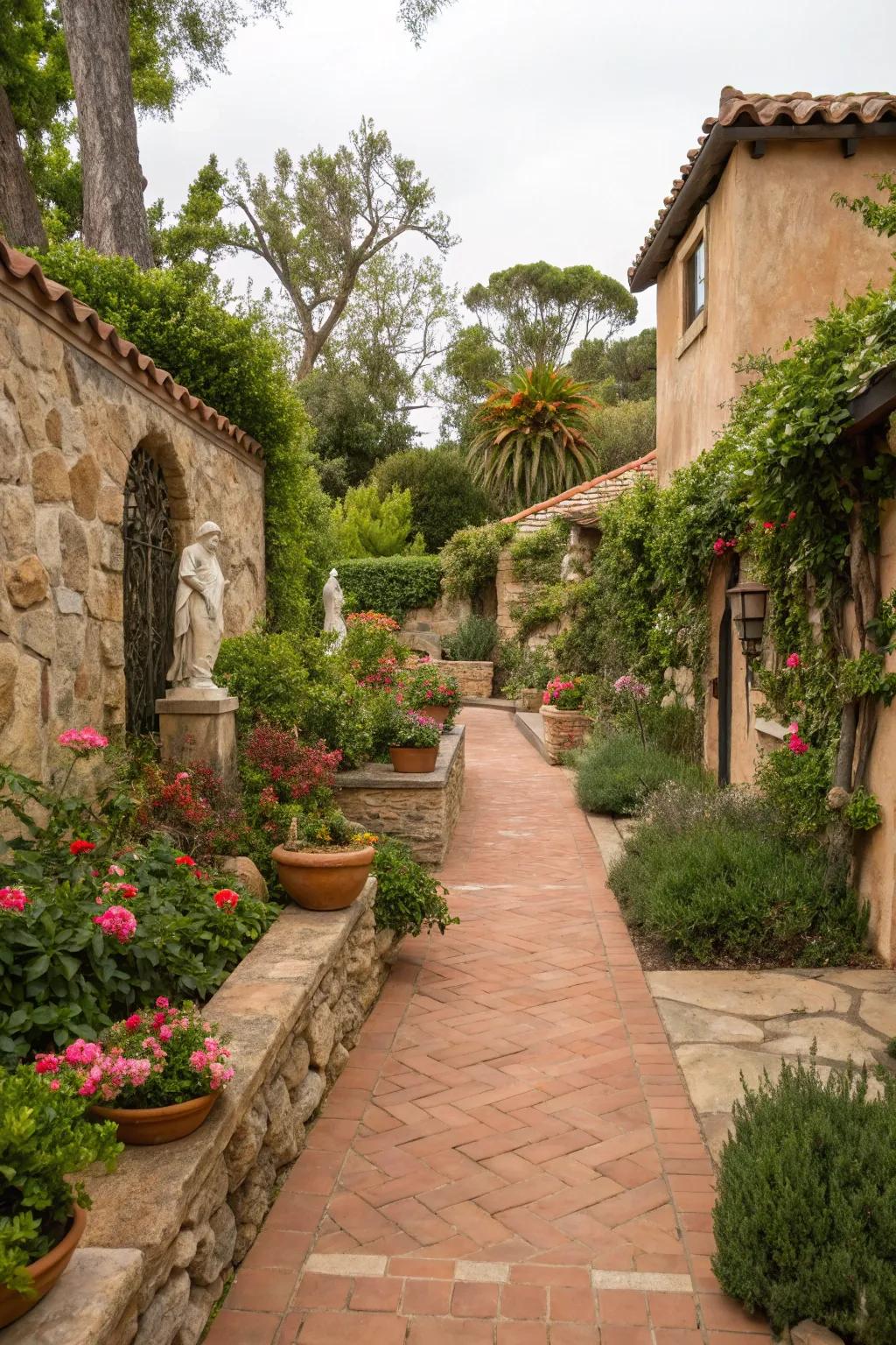 Transform your yard into a Mediterranean retreat with terracotta and stone elements.