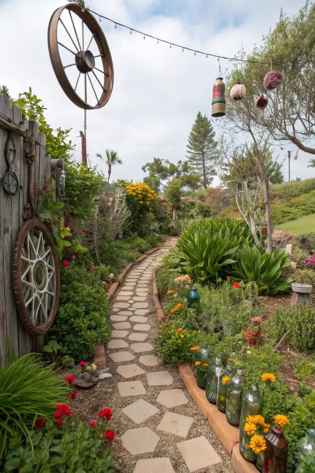 Add character to your garden with creative uses of recycled materials.