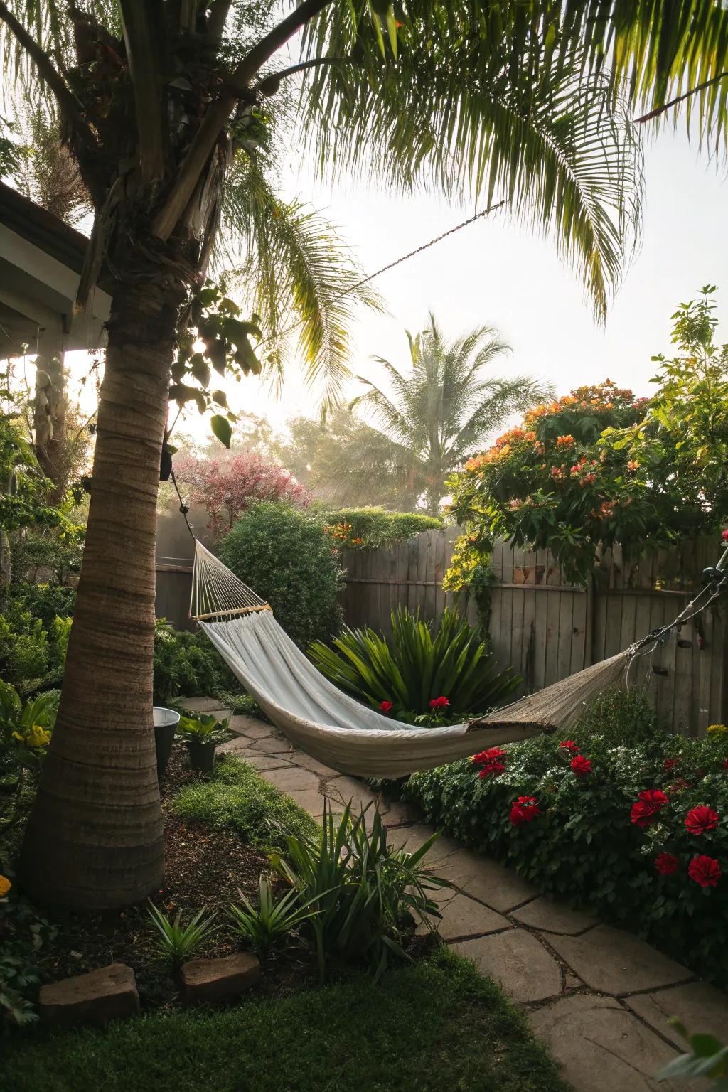 Create a cozy relaxation spot with a hammock in your garden.