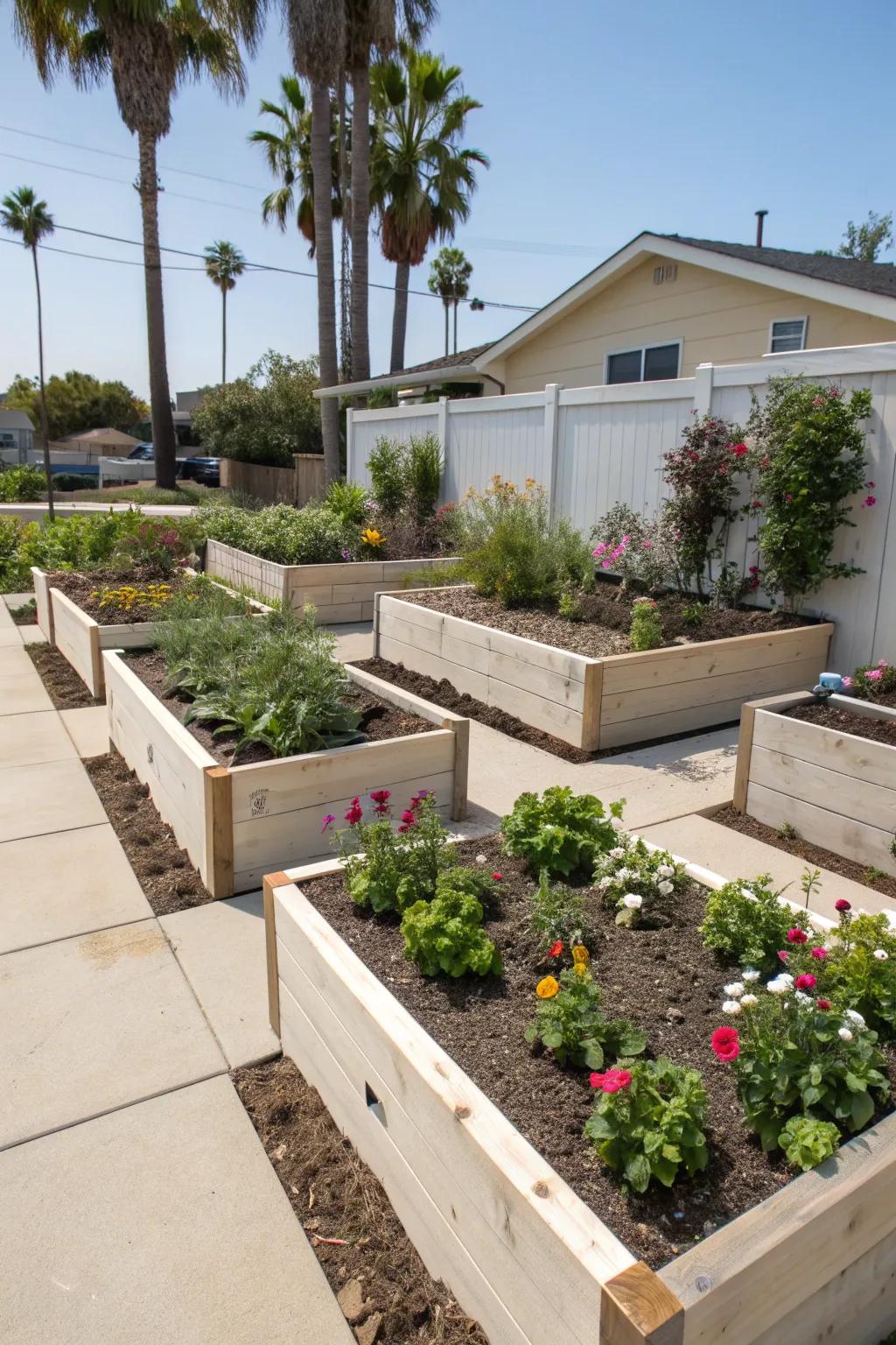 Enjoy gardening with ease using raised planters in your outdoor space.