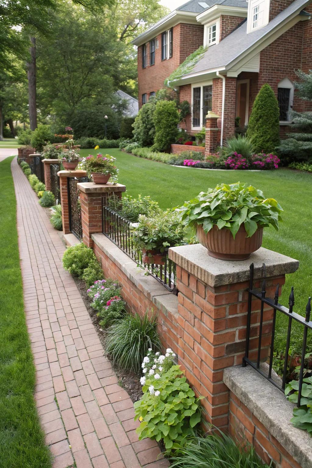 Add planters to your brick fence for a touch of nature.