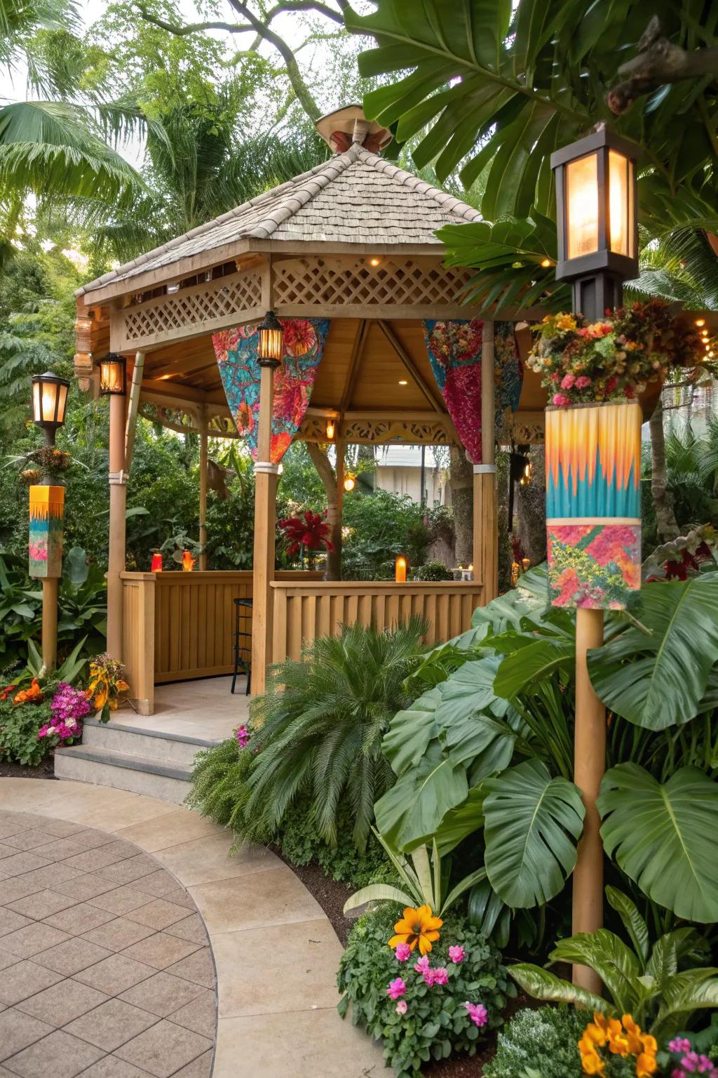 Craft your own tropical oasis with vivid decor and foliage.
