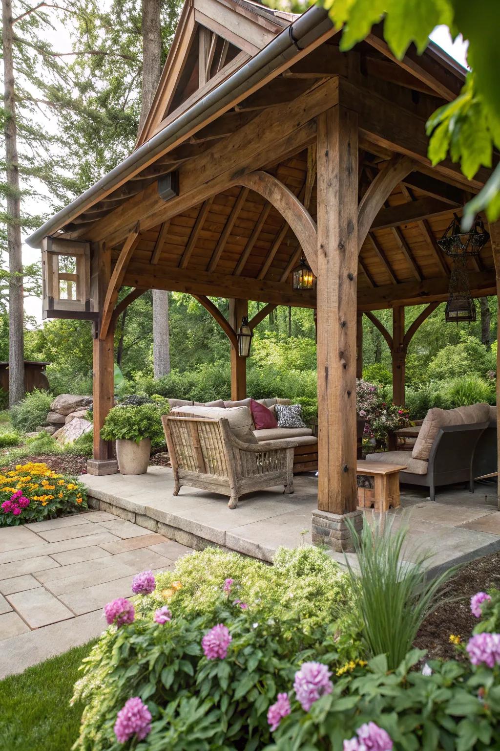 Bring warmth with a rustic wood pavilion.