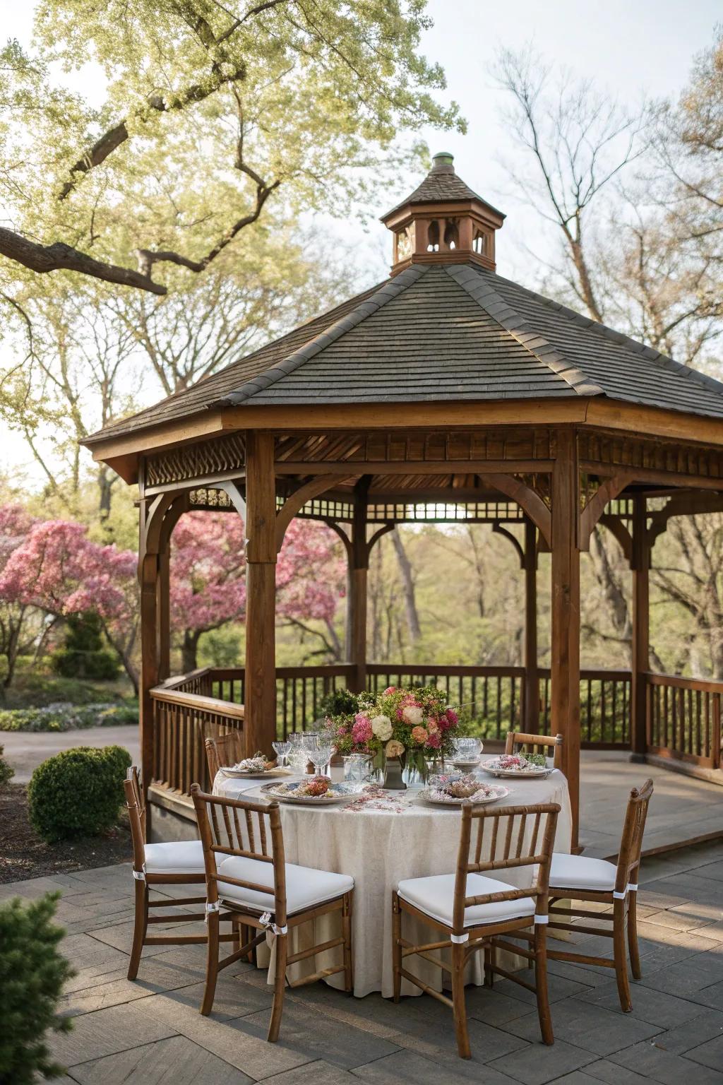 Set up an inviting outdoor dining area in your pavilion.