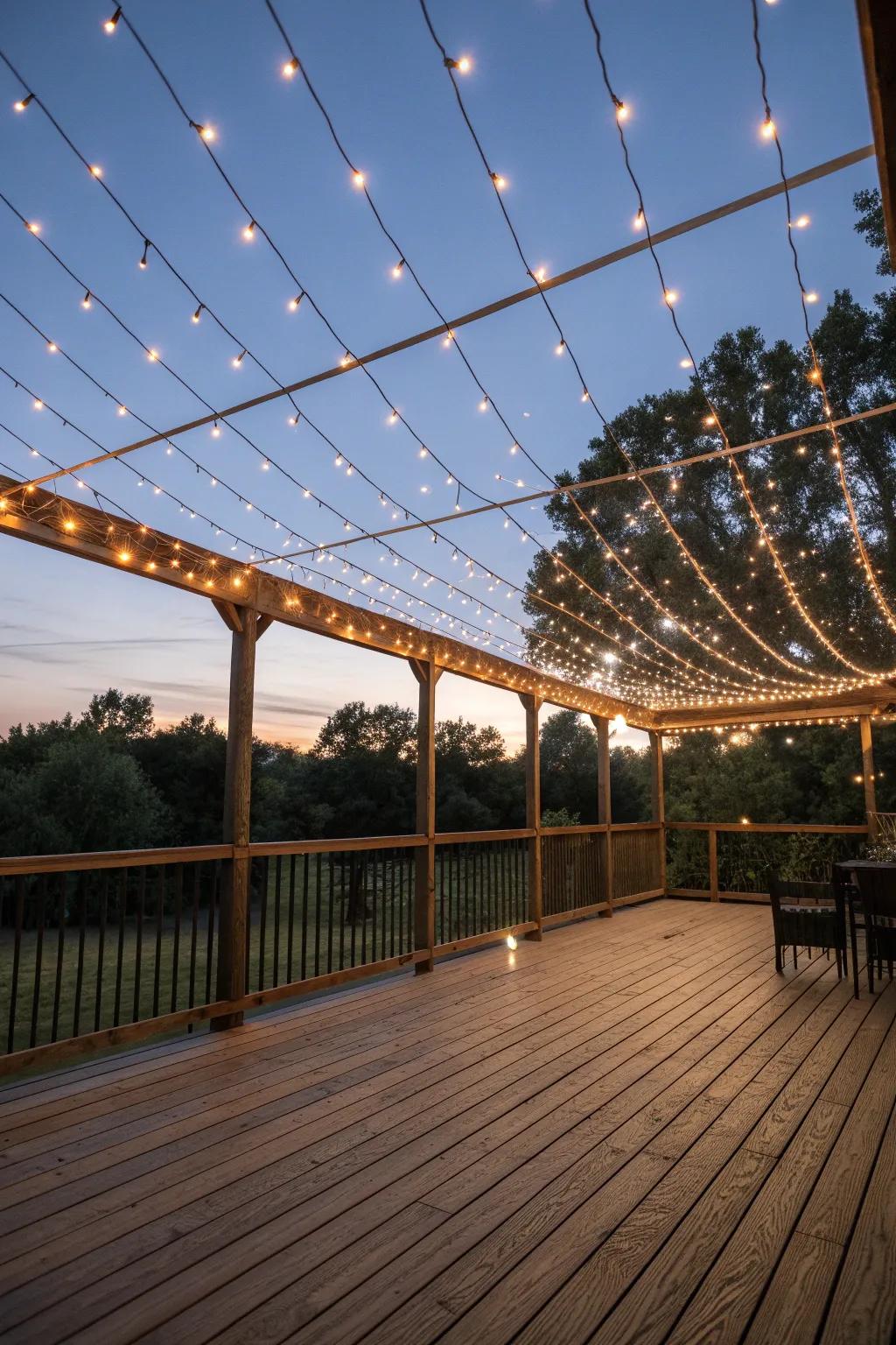 Turn your deck into a dreamy escape with a canopy of rope lights.
