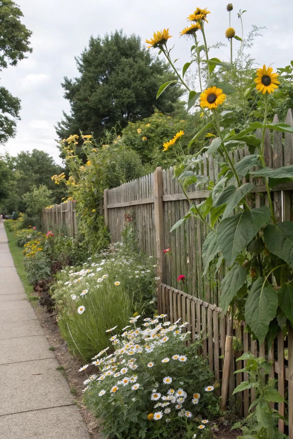 Mixing plant heights adds dimension and interest to your fence line.