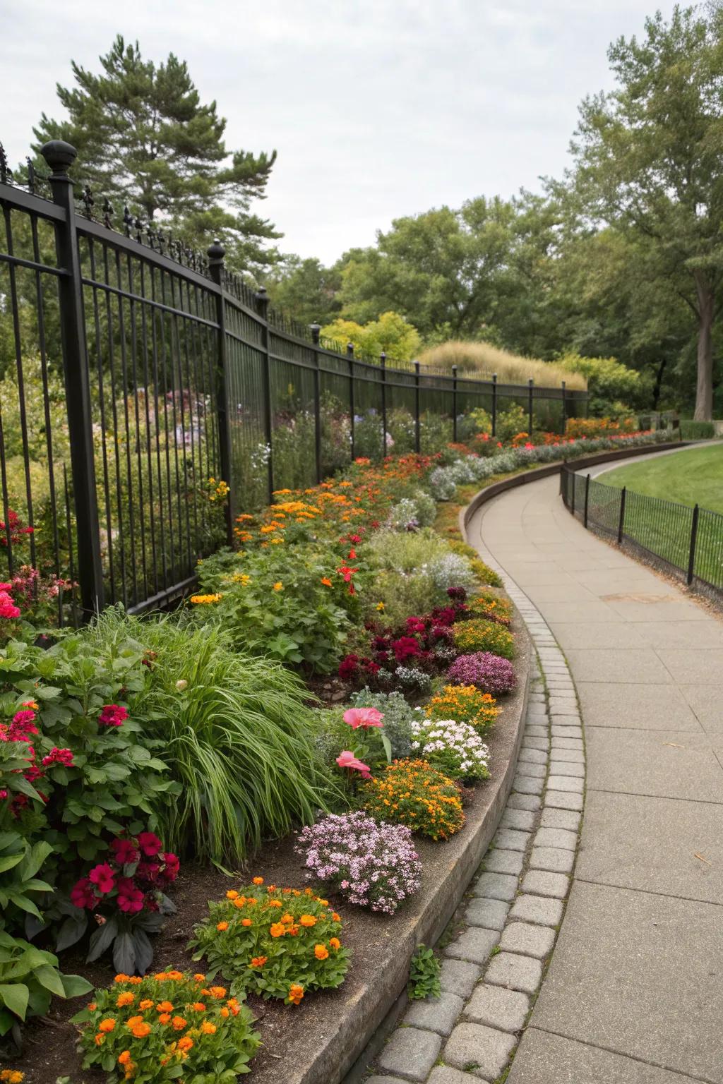Curved flower beds along the fence add a touch of elegance and flow to your garden.