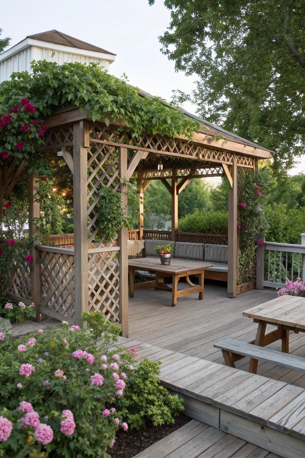Comfortable covered deck offering shelter and style.