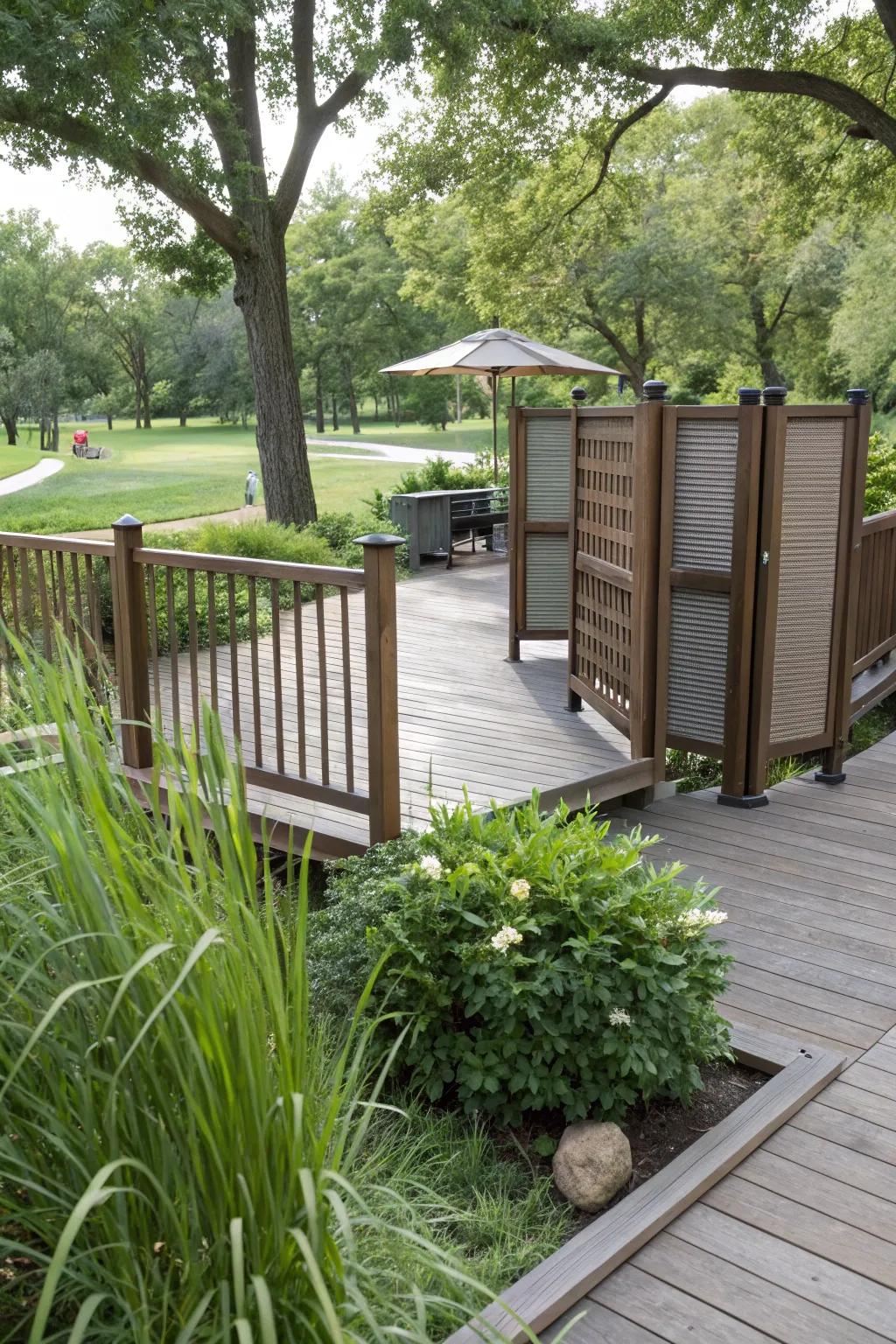 Elements enhancing privacy on a park model deck.