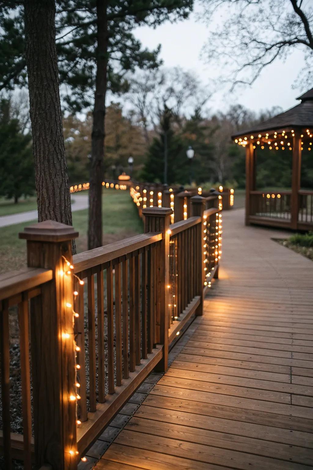 Magical lighting brightens a park model deck at night.