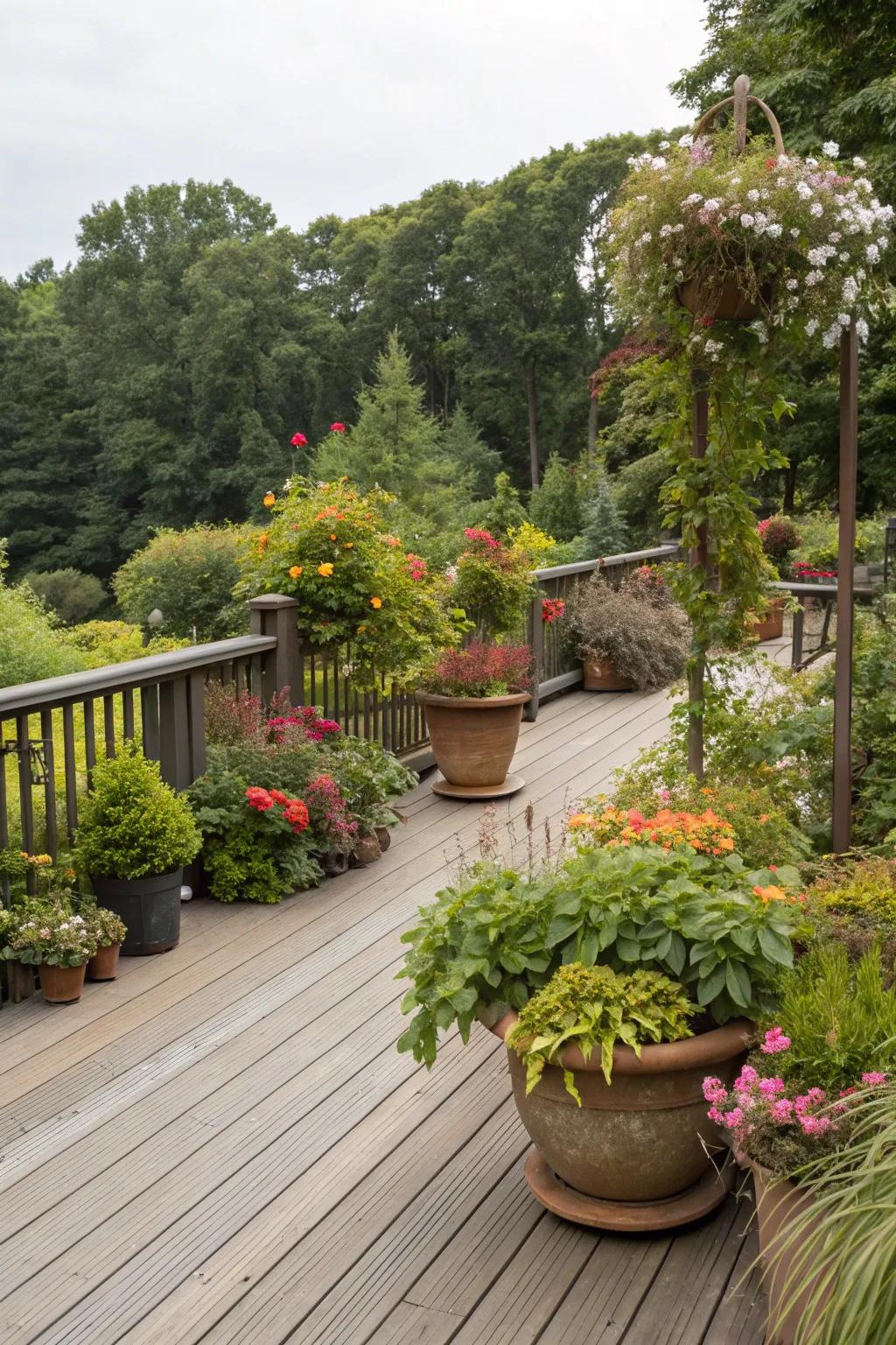 A verdant green oasis created with plants on a park model deck.