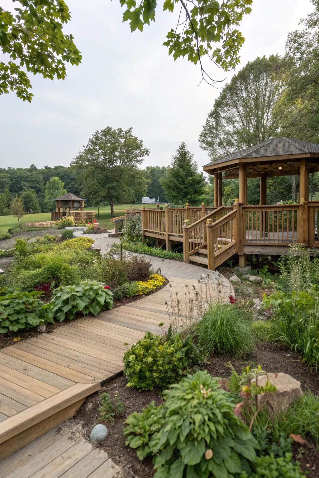 Deck harmoniously integrated with natural surroundings.
