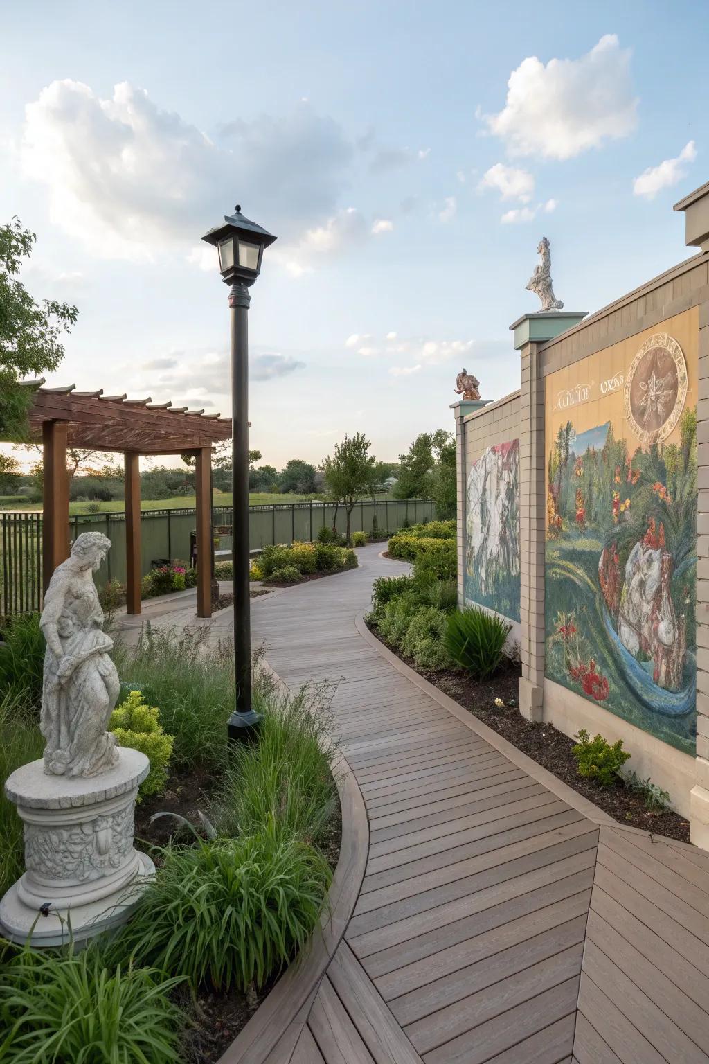Outdoor deck decorated with unique artistic elements.
