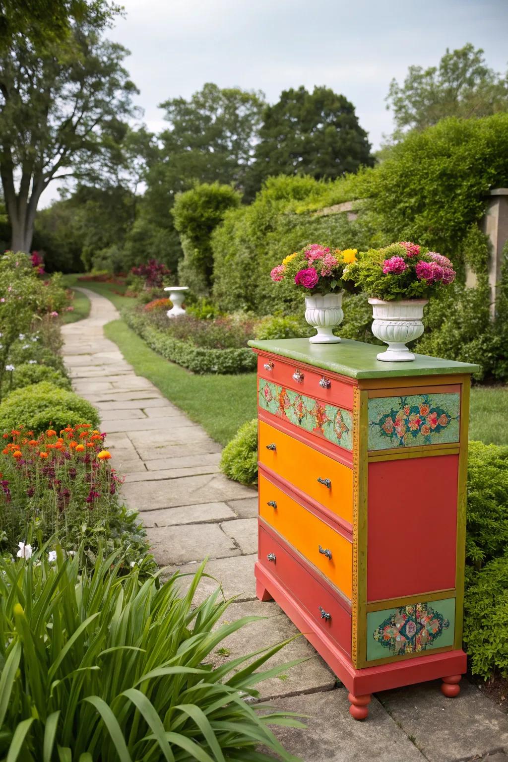 A striking dresser serving as the focal point in a garden.