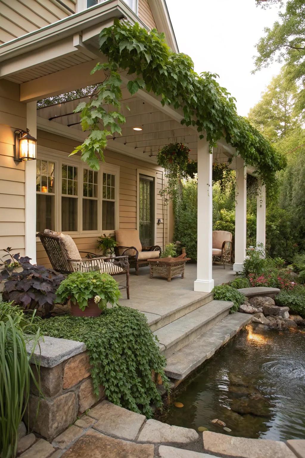 A water feature adds tranquility to your pergola.