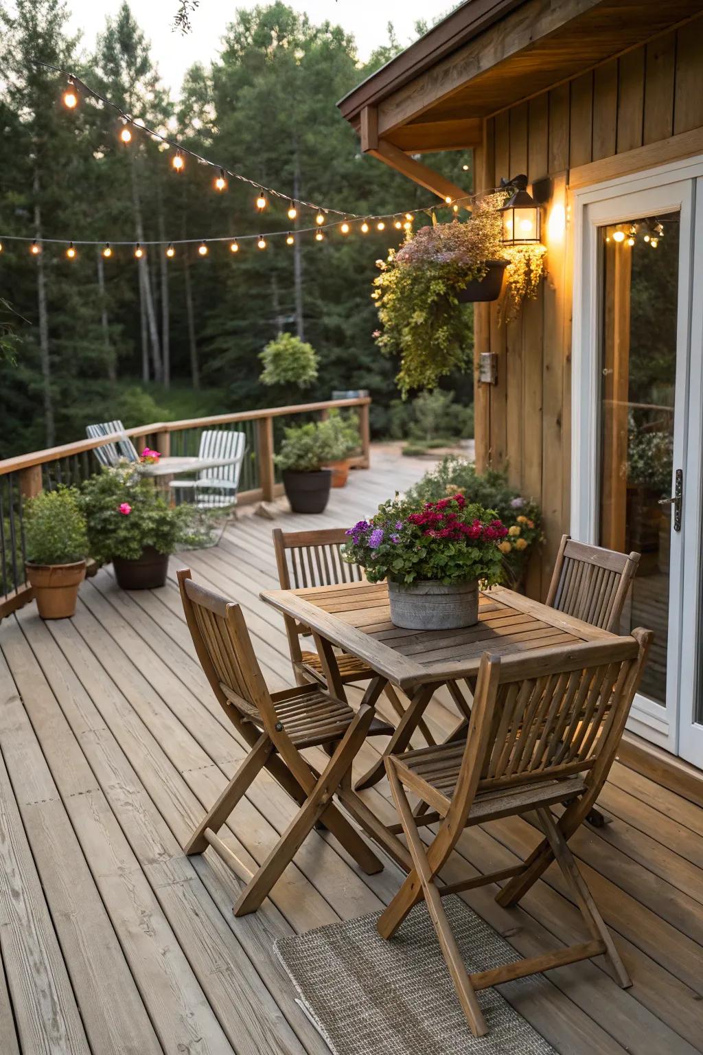 Rustic elements create a warm, inviting deck atmosphere.