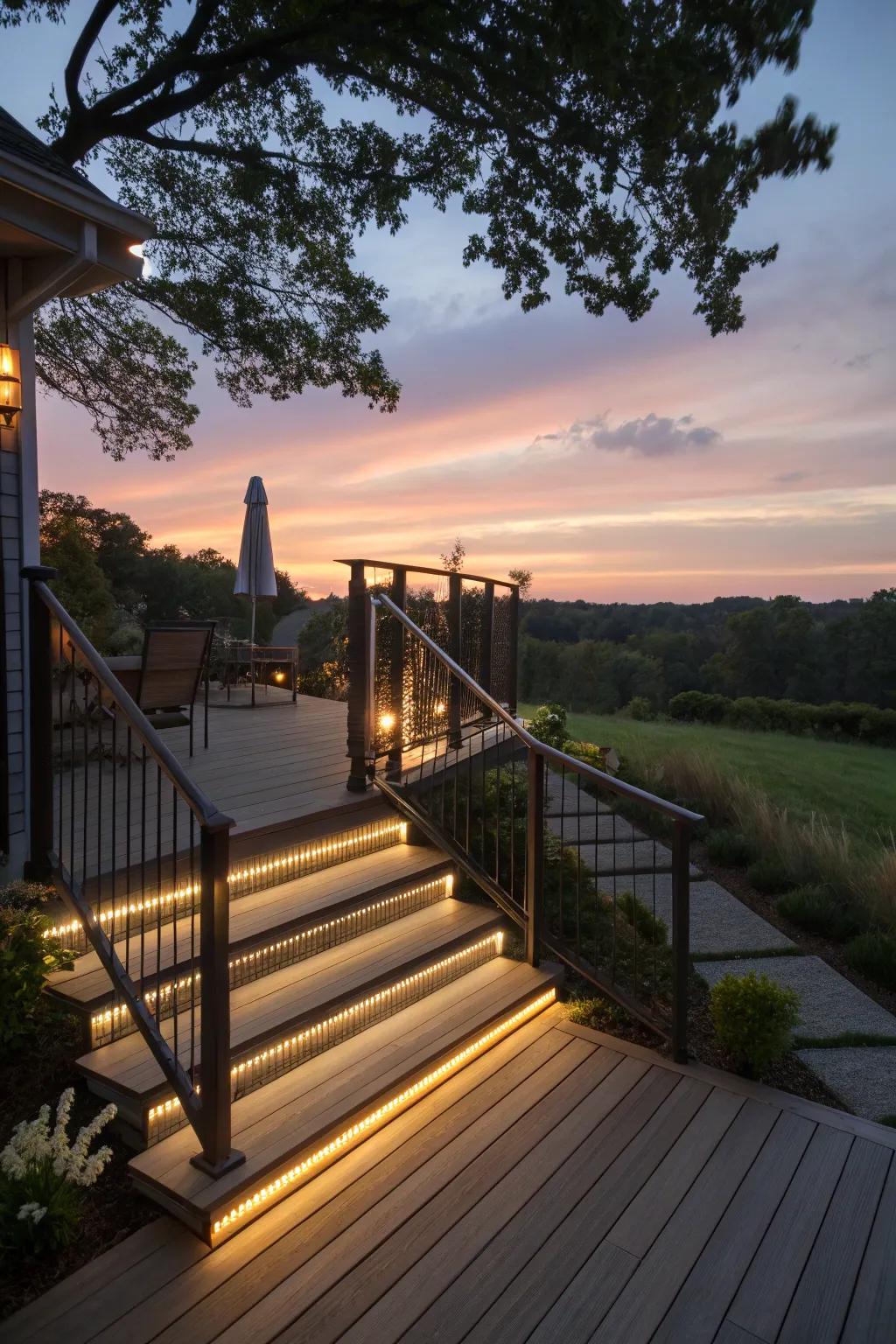 Integrated lighting brings warmth and safety to your deck.
