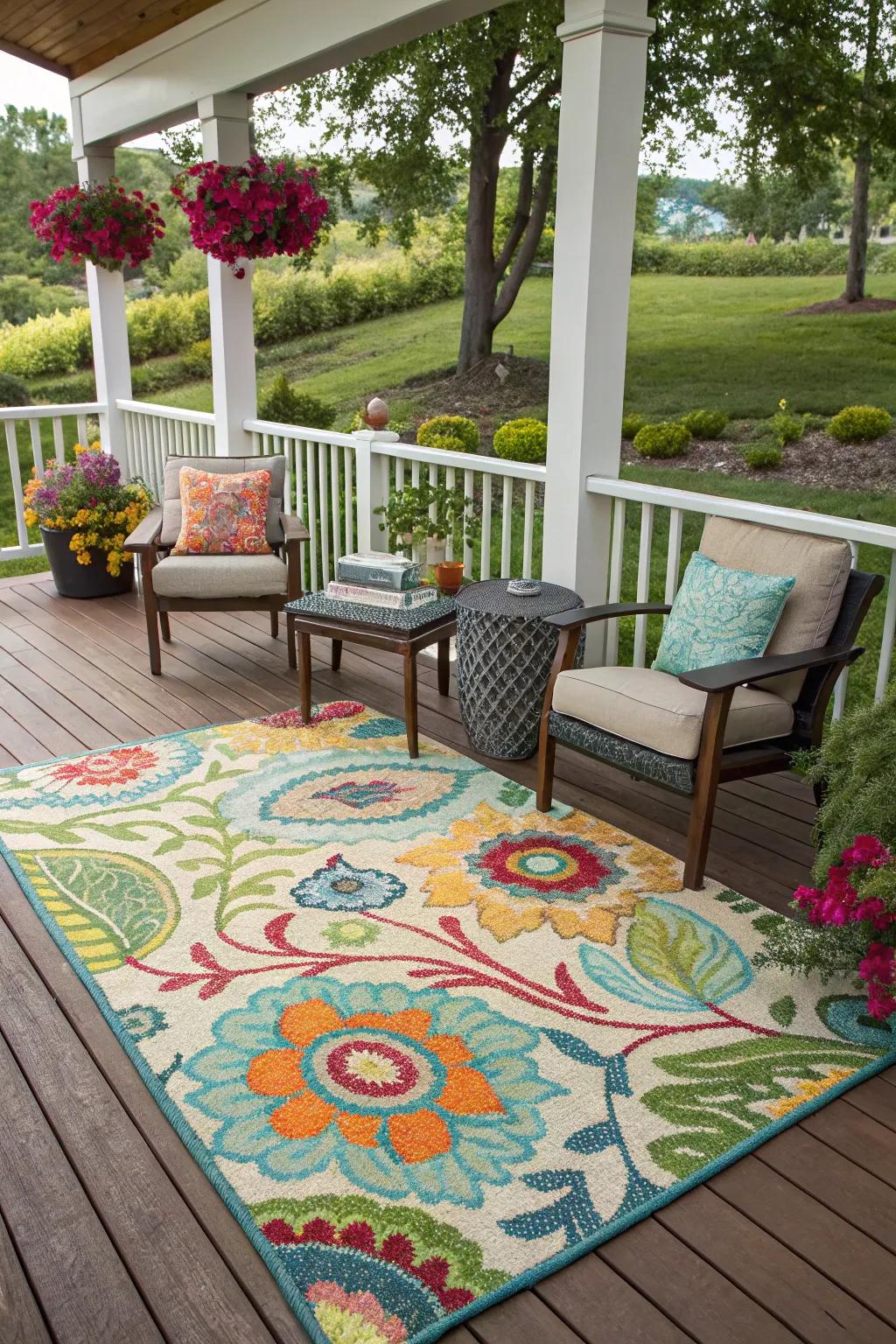 An eclectic rug adds warmth and style to your deck.