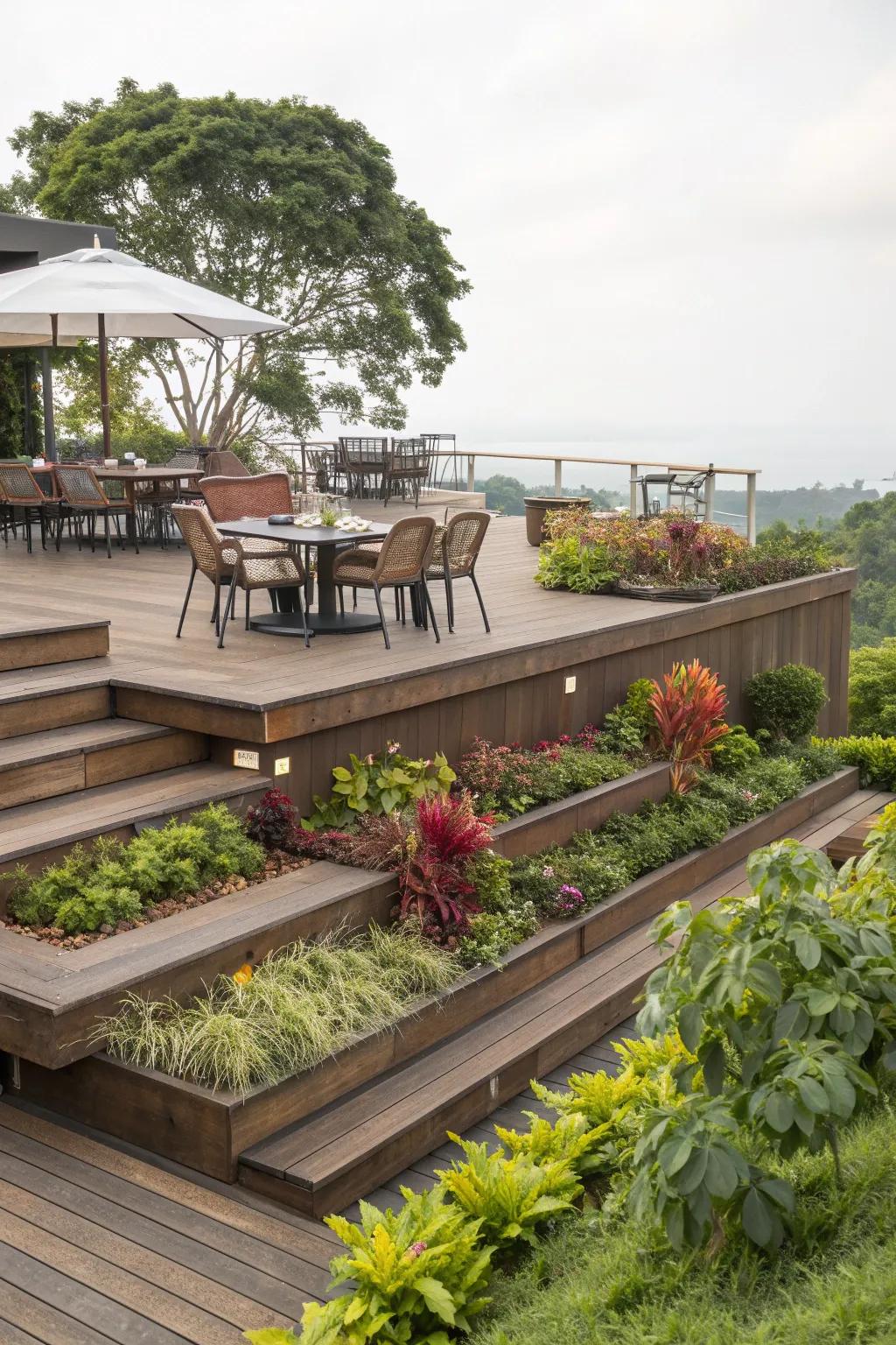 A multi-level deck design maximizes space and functionality.