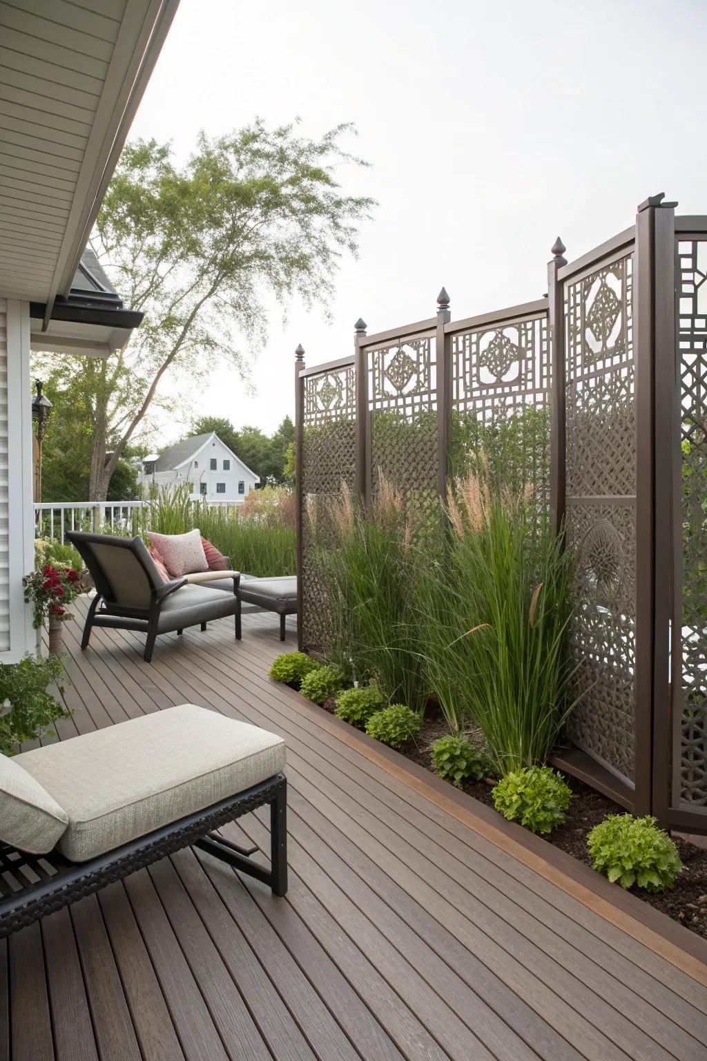 Privacy elements create a cozy, secluded deck atmosphere.