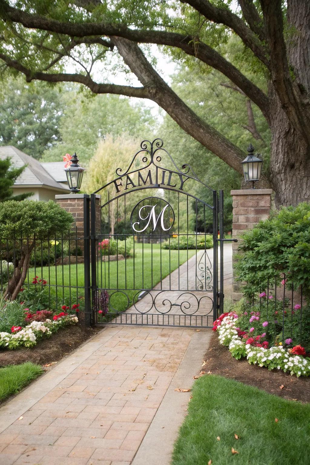 Personalized monogrammed metal gate adding a unique touch.