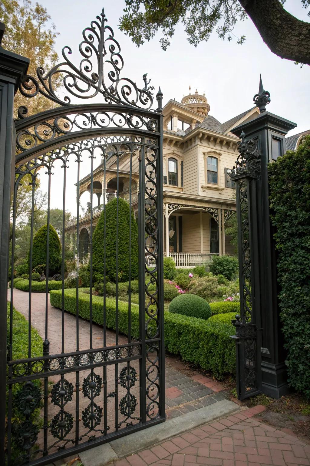 Classic wrought iron gate adding charm to a Victorian home.