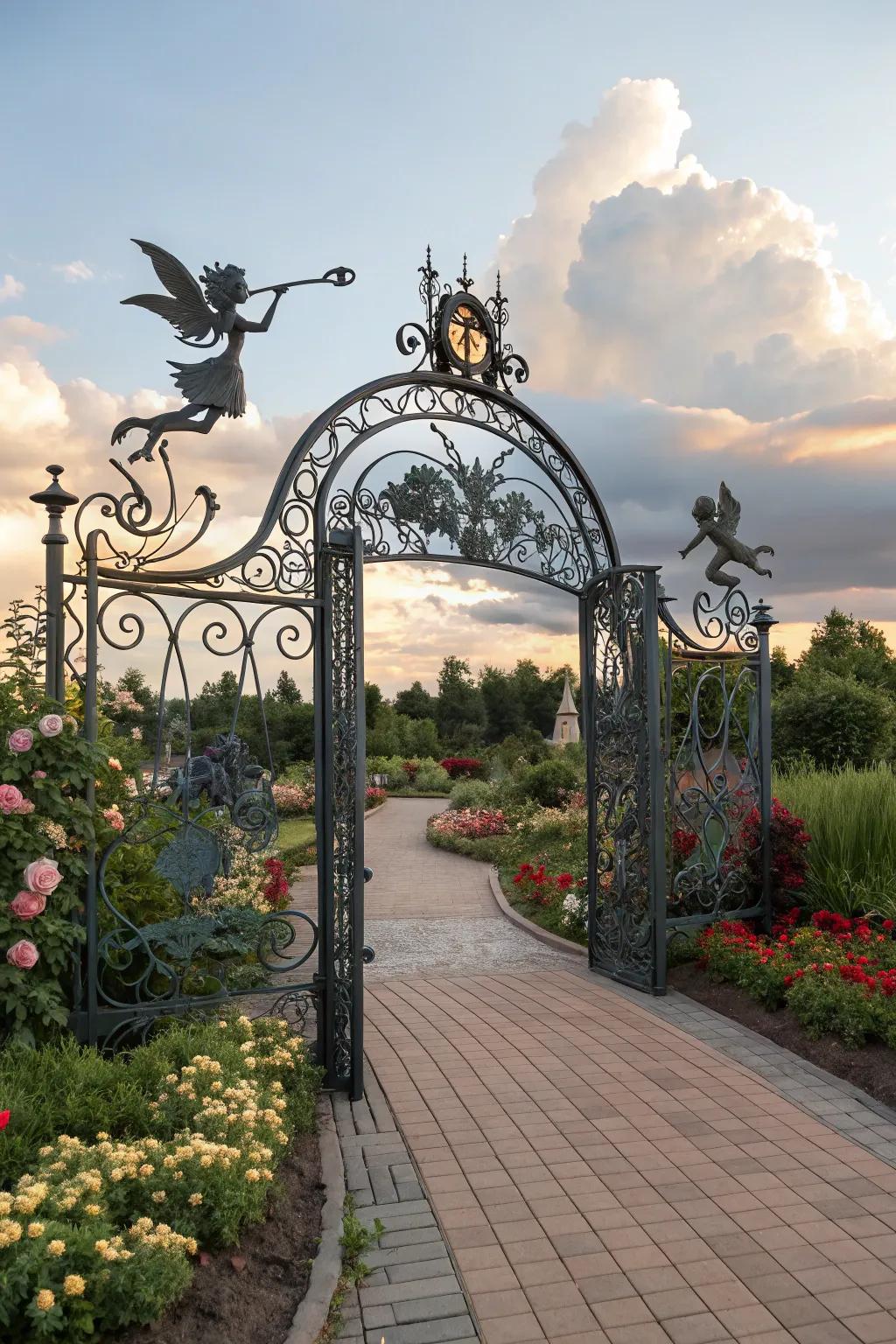 Whimsical metal gate adding magic to the garden.