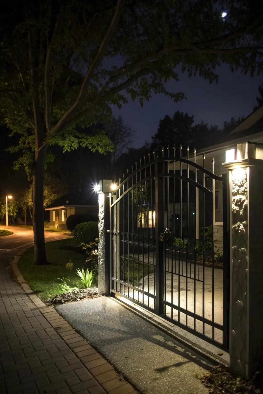 Metal gate beautifully illuminated with built-in lighting.