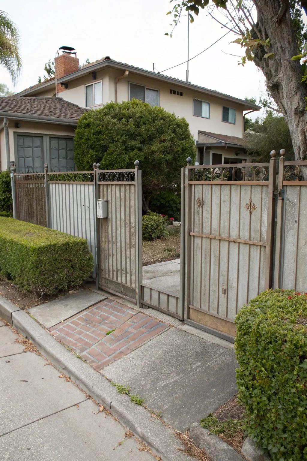 Metal gate with privacy panels for urban homes.