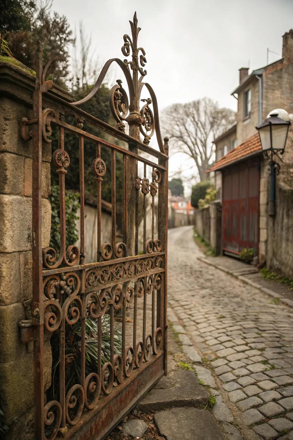 Antique-inspired gate enhancing a historic home.