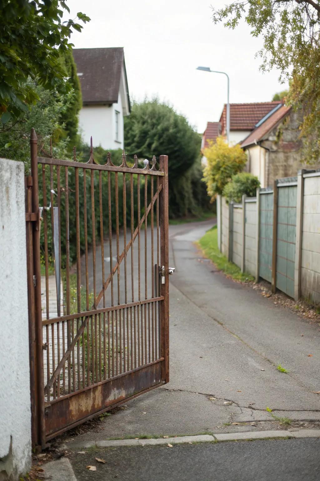Sliding metal gate ideal for compact spaces.