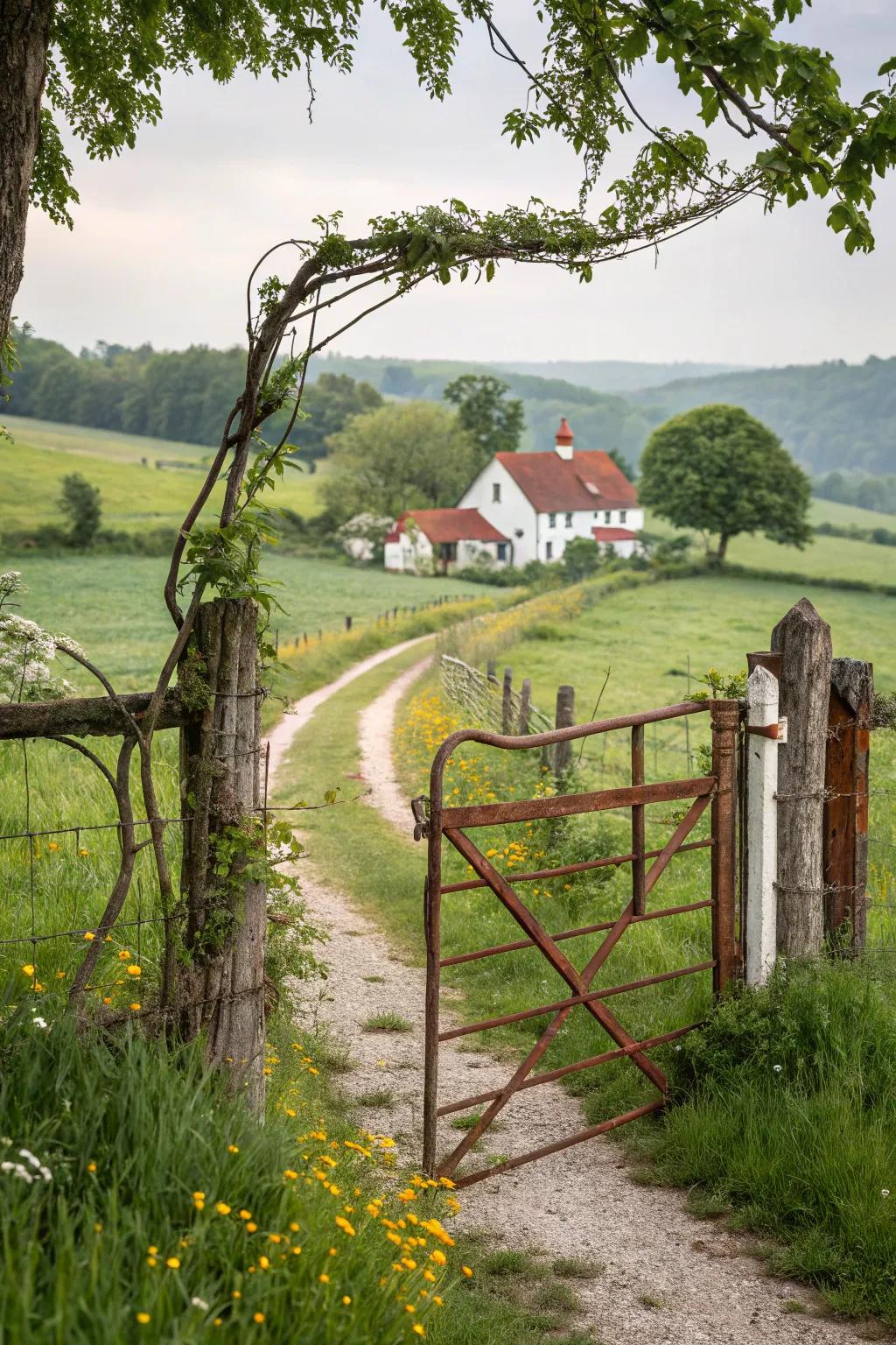 Rustic metal gate with wood for a welcoming entrance.