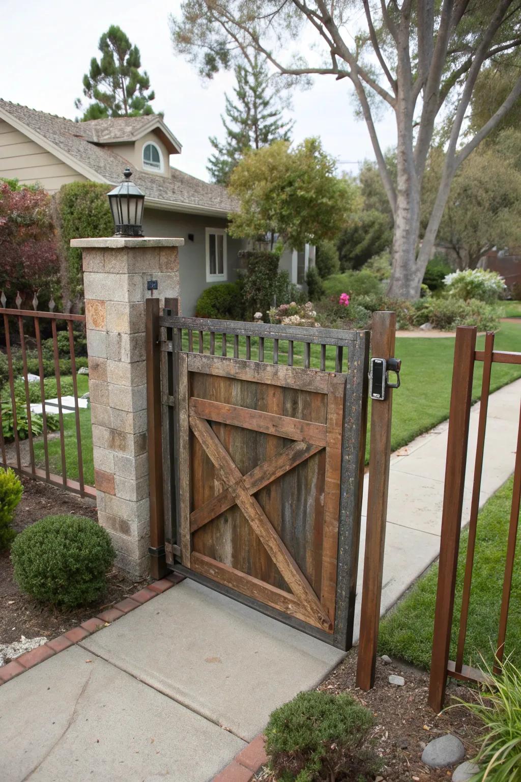 Eco-friendly gate with a unique recycled metal design.