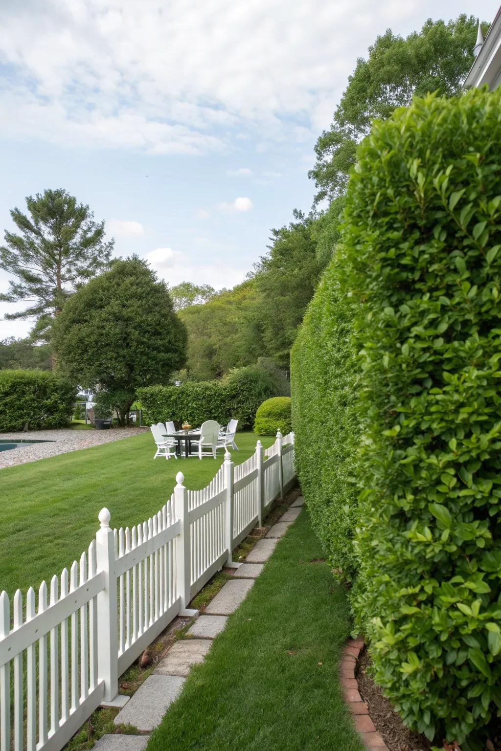 Evergreen laurels provide year-round privacy.