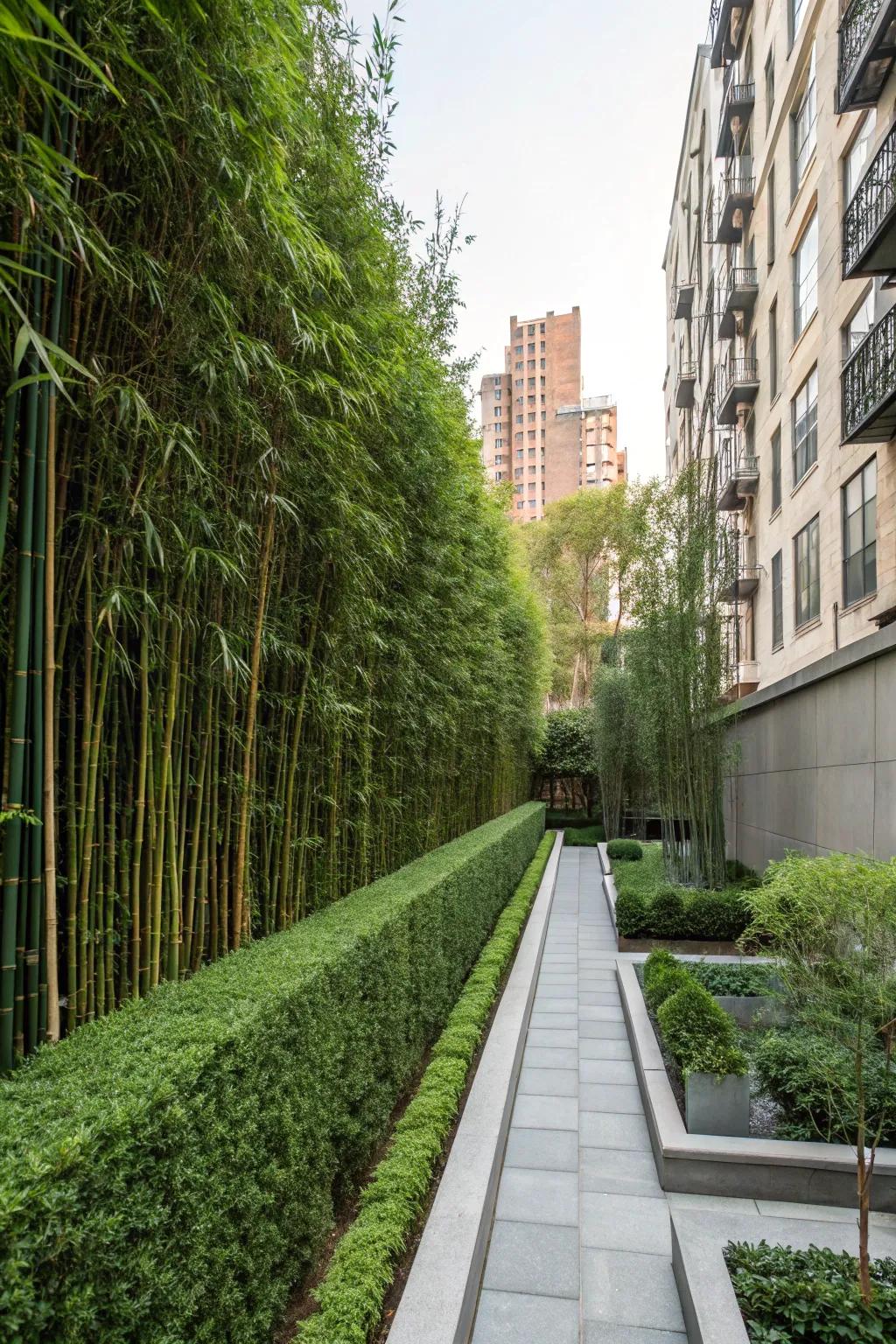 Tall bamboo hedges offer quick, natural privacy.