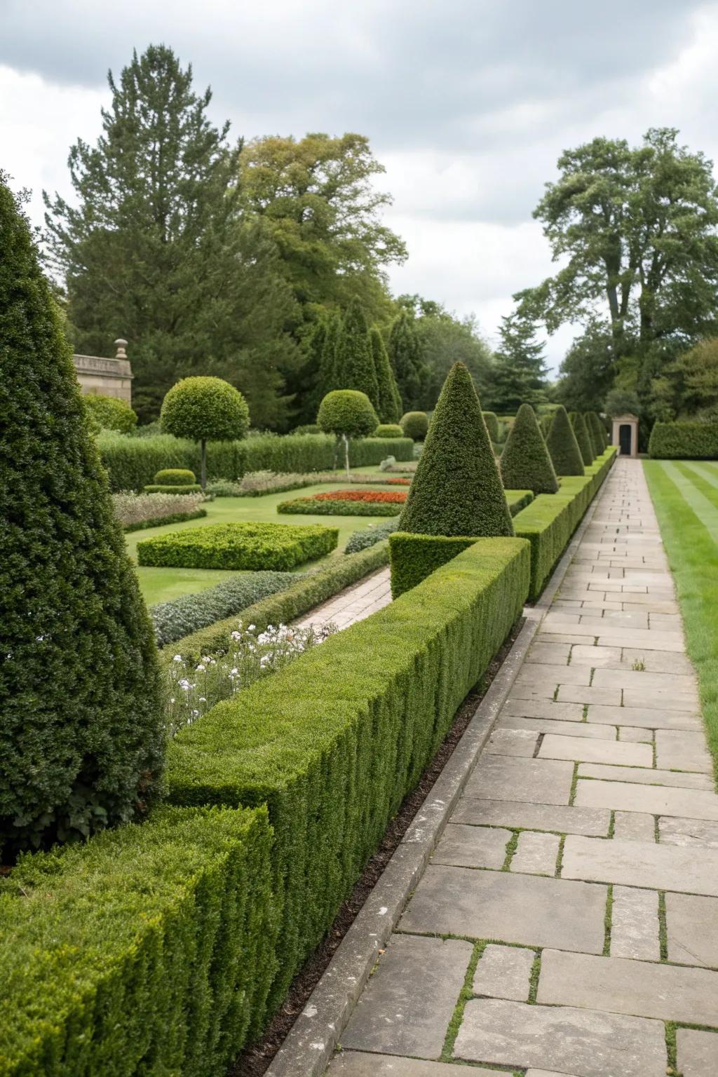 Boxwood hedges offer a classic, formal appearance.
