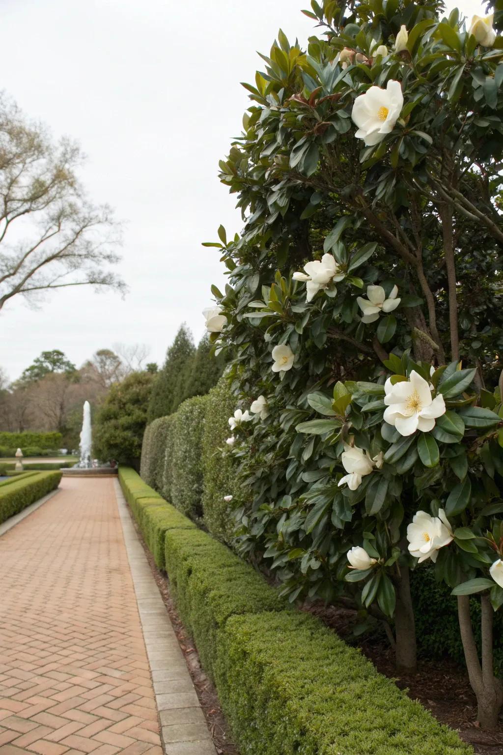 Magnolia hedges bring elegance and privacy.
