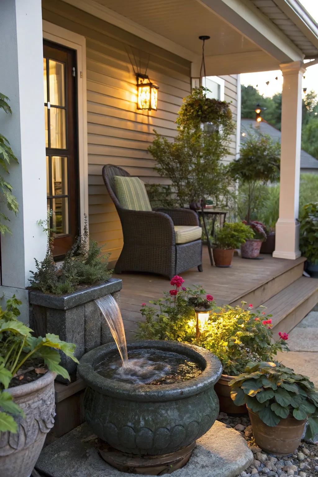A water feature bringing tranquility to the porch.