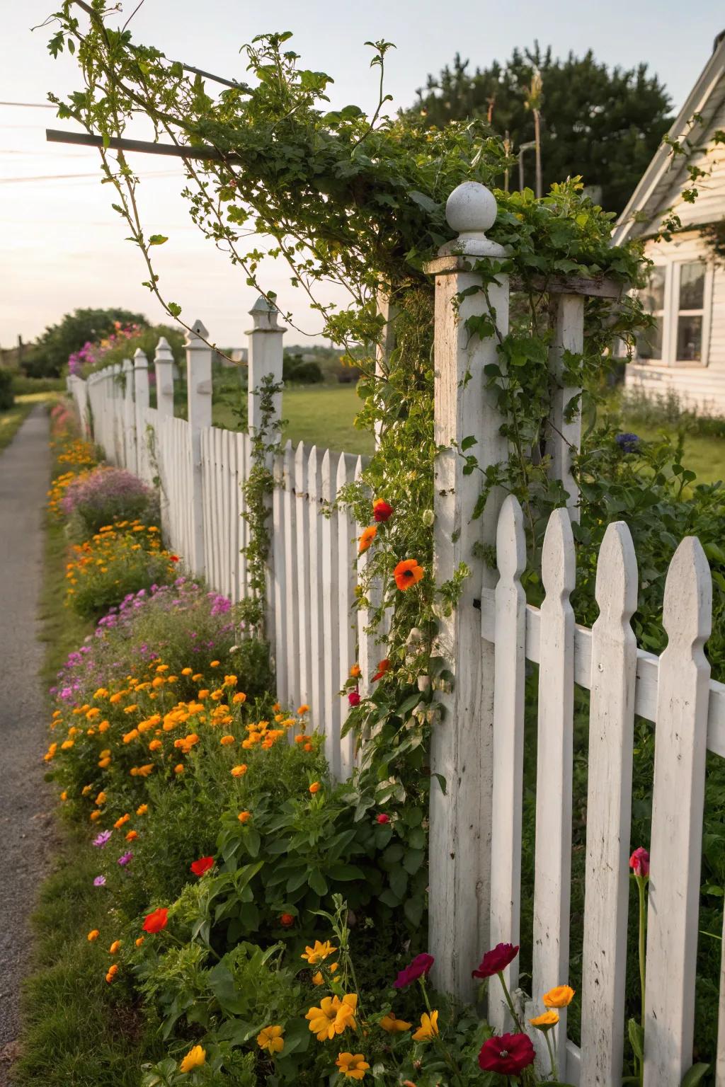 Vines and wildflowers lending a rustic feel to a white picket fence.