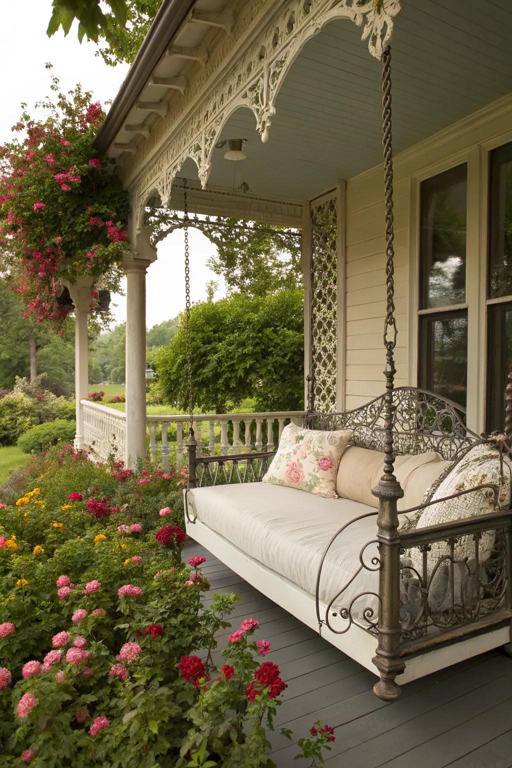 Intricate iron details add vintage charm to any porch bed.