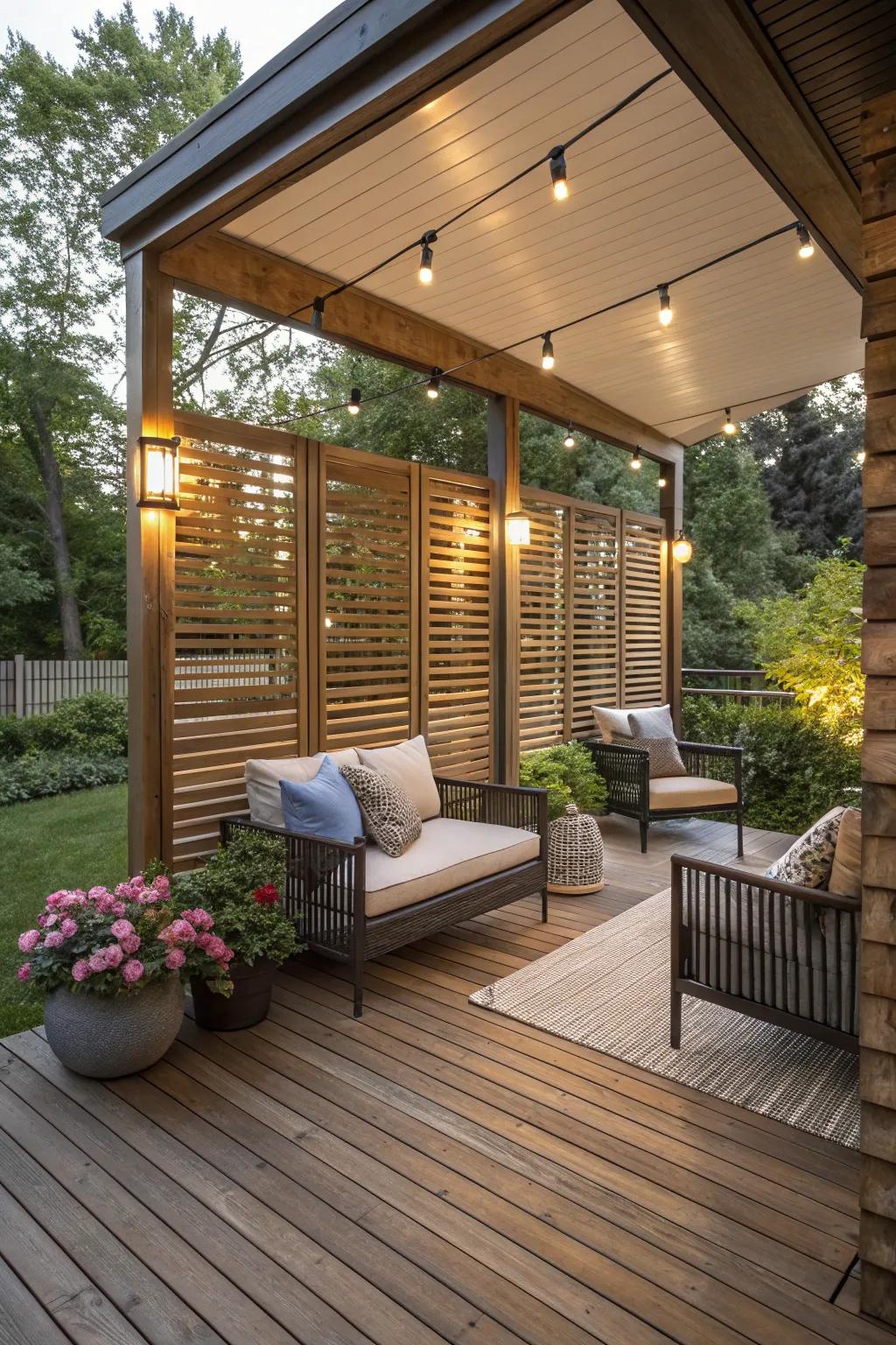 Wooden slat screens create a cozy and private outdoor corner.