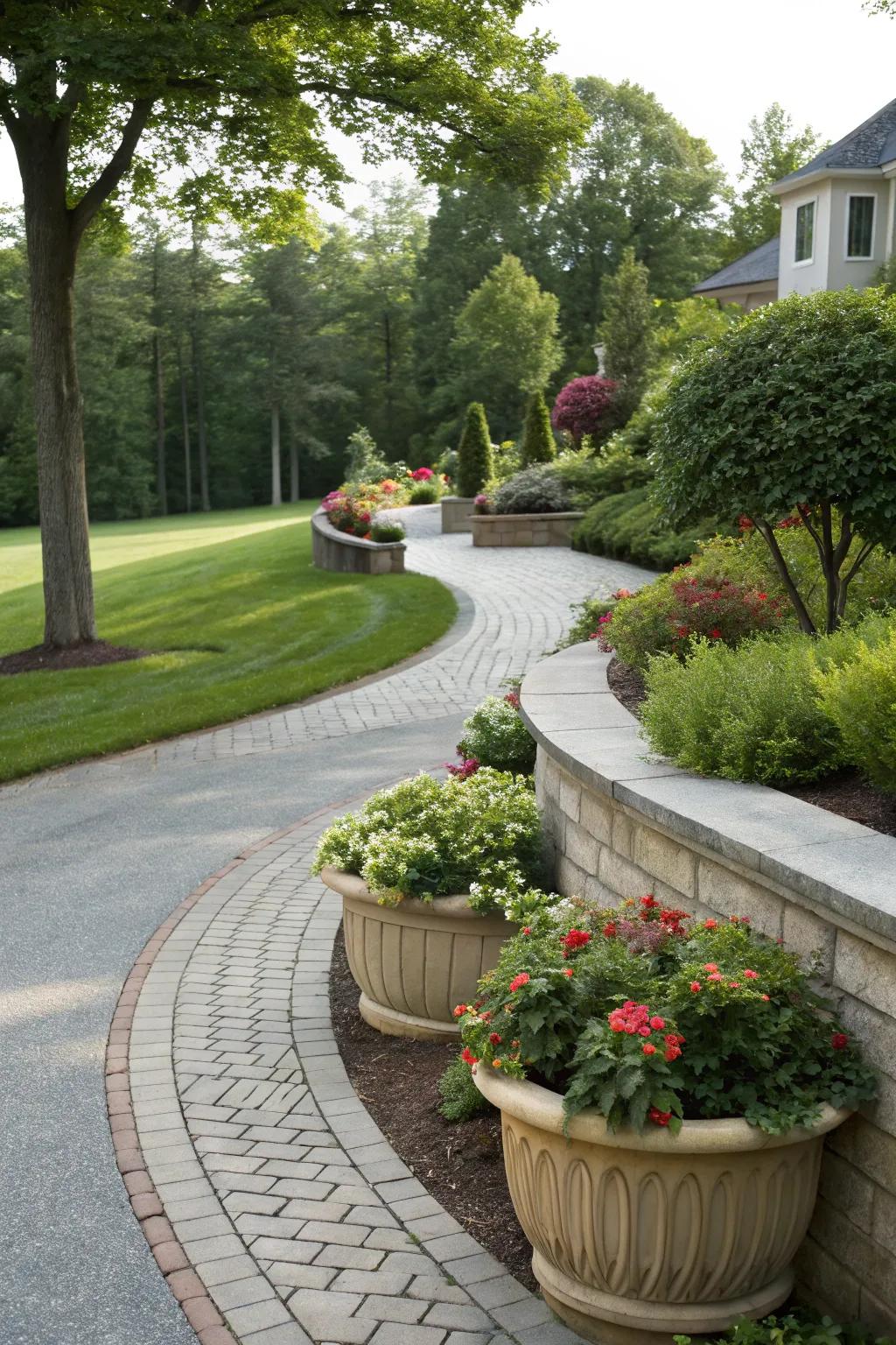 Enhance your driveway with curved pathway planters.