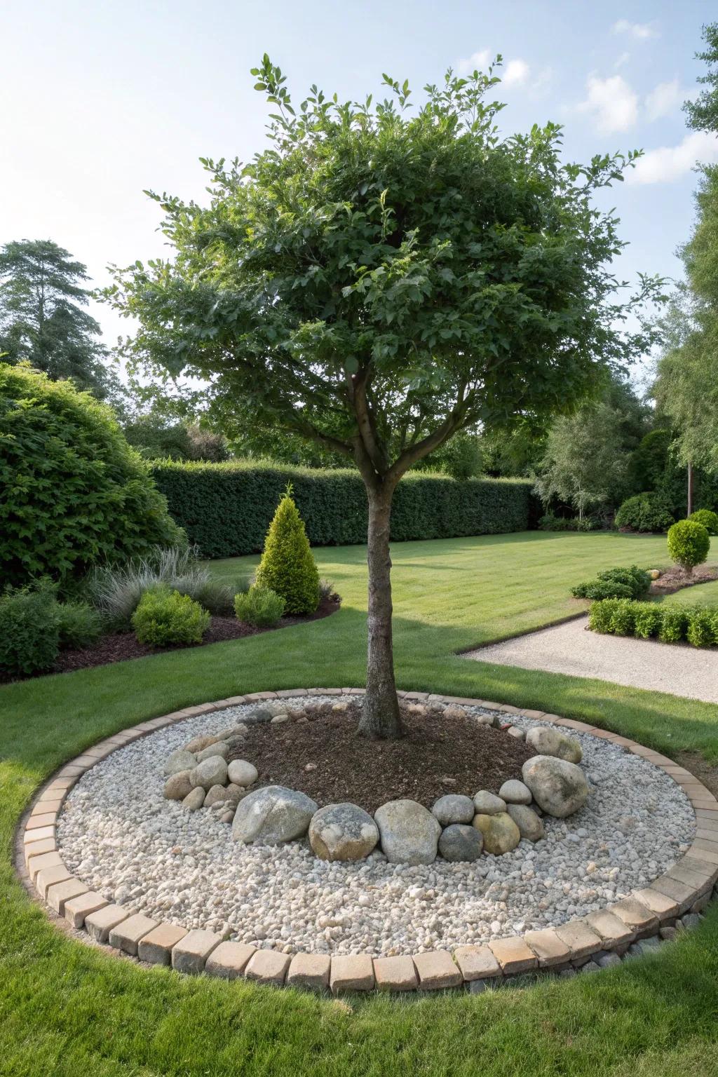 A circular rock border adds a polished touch to any tree.